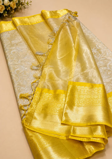 Ivory Yellow Floral Golden Border Saree