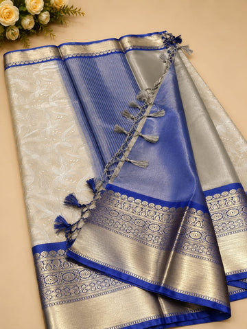 Ivory Blue Floral Golden Border Saree