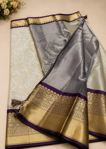 Ivory Grey Purple Floral Golden Border Saree