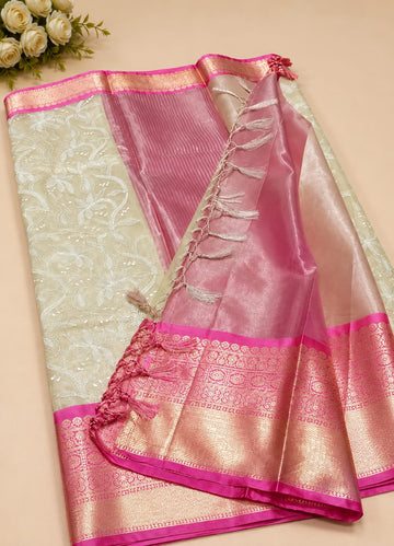 Ivory Pink Floral Golden Border Saree