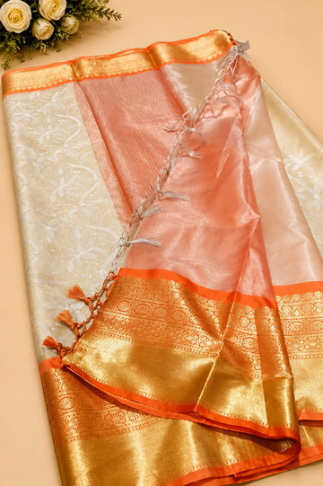 Ivory Peach Floral Golden Border Saree