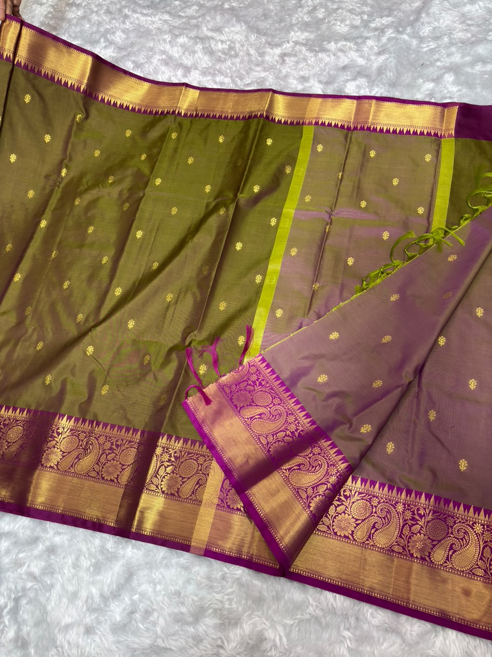 Olive Green Saree with Gold Leaf Design Border