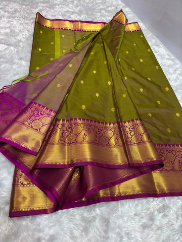 Olive Green Saree with Gold Leaf Design Border
