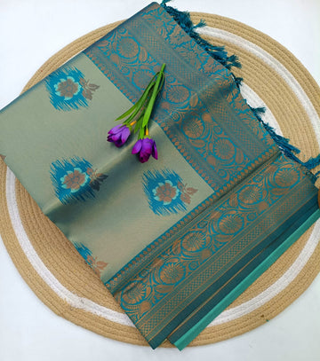 Teal Floral Printed Woven Border Saree