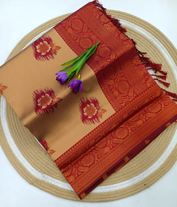 Madhuram Peach Floral Korvai Silk Saree