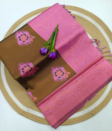 Elite Korvai Pink Floral Chocolate Silk Saree