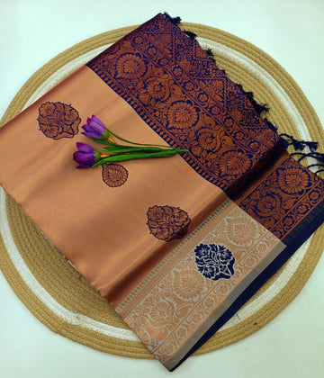 Peach Navy Floral Heritage Korvai Saree