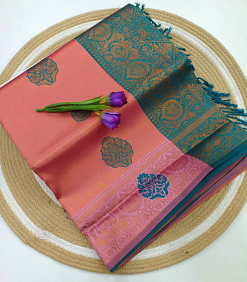 Pink Teal Blue Floral Contrast Saree