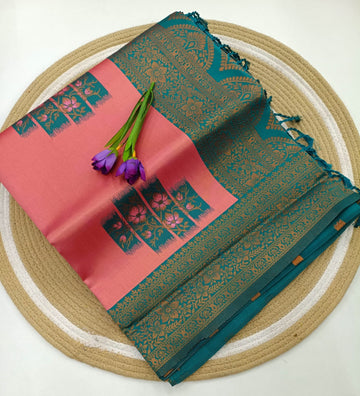 Coral Teal Floral Saree