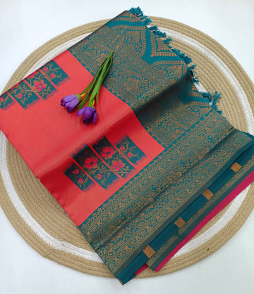 Coral Teal Floral Korvai Saree