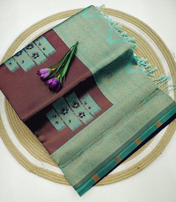 Coffee Teal Floral Korvai Saree