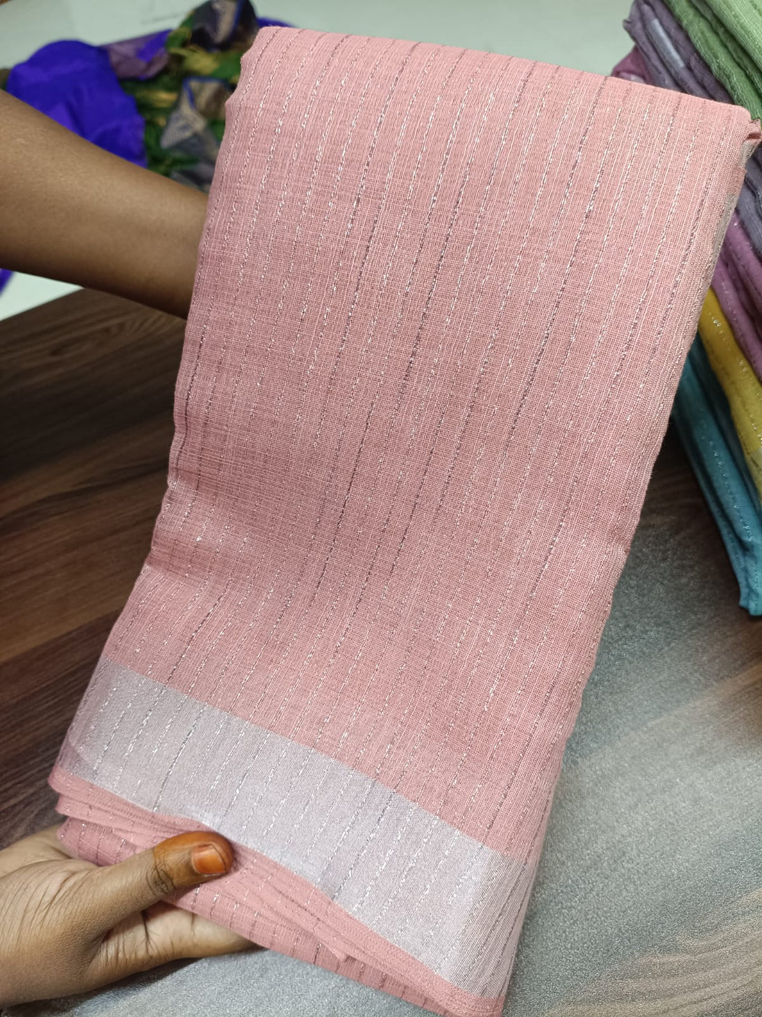 Blush Pink Silver Border Textured Saree
