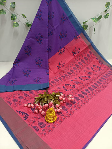 Purple Pink Printed Cotton Saree