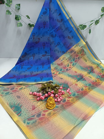 Blue Peacock Cotton Saree