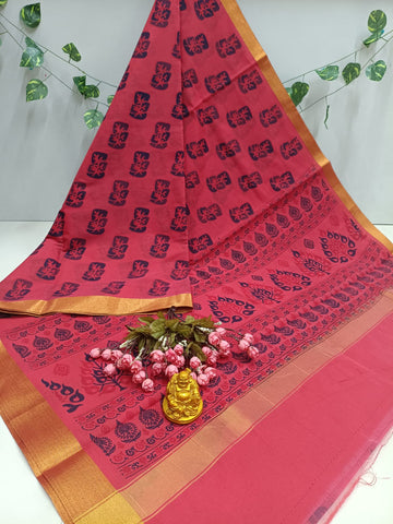 Pink Floral Print Cotton Saree