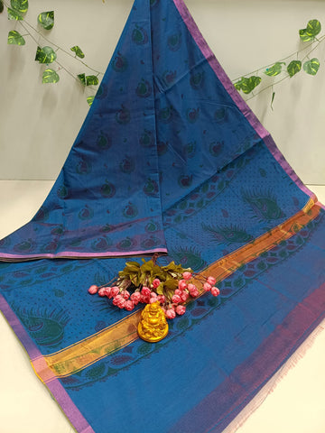 Blue Peacock Cotton Saree