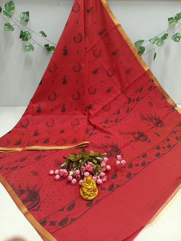 Red Peacock Print Cotton Saree