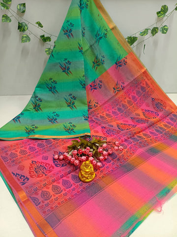 Green Pink Hand Print Cotton Saree