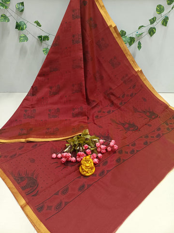 Maroon Peacock Cotton Saree