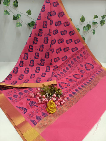 Pink Flower Print Cotton Saree