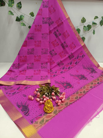 Magenta Peacock Handprint Saree