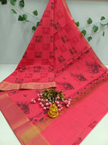 Coral Pink Peacock Cotton Saree