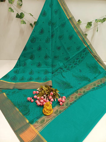 Teal Peacock Print Cotton Saree