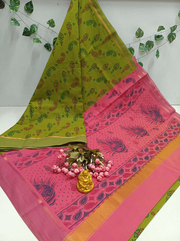 Olive Green Pink Print Cotton Saree