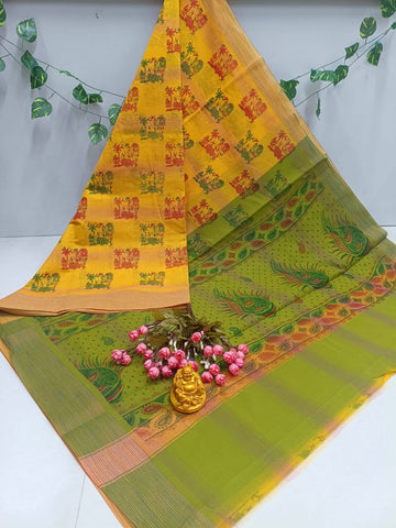 Mustard Green Peacock Cotton Saree