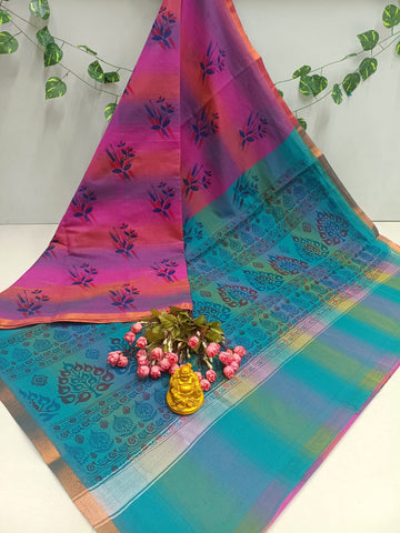 Pink Blue Floral Cotton Saree