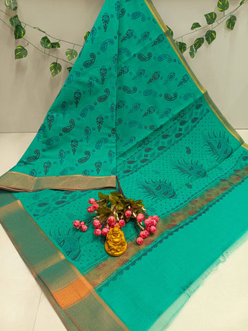 Fresh Teal Peacock Cotton Saree