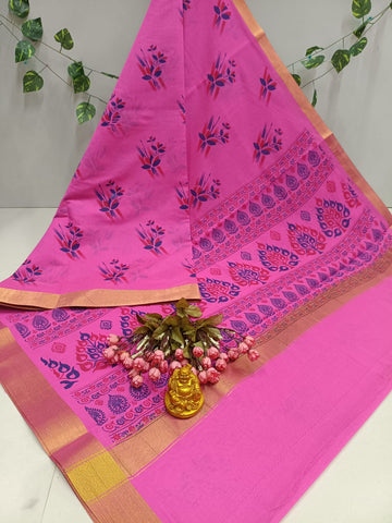 Pink Bloom Peacock Cotton Saree