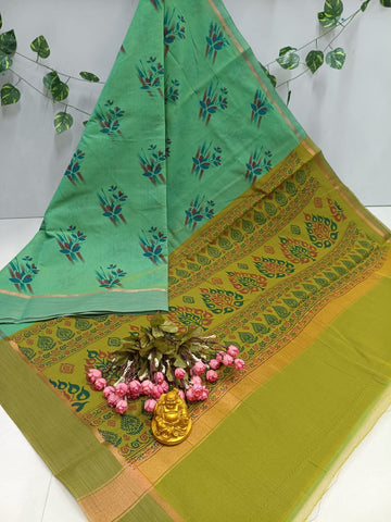Mint Meadow Peacock Cotton Saree