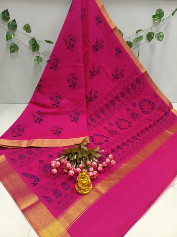 Royal Pink Bloom Cotton Saree
