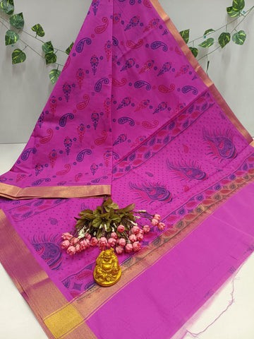 Magenta Peacock Print Cotton Saree