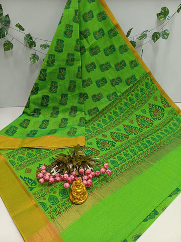 Parrot Green Peacock Print Saree