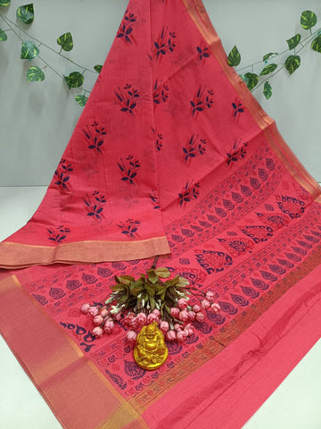 Coral Pink Floral Print Saree