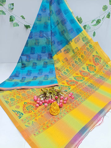 Sky Blue Yellow Printed Cotton Saree