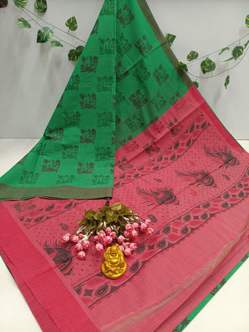 Green Pink Peacock Printed Saree