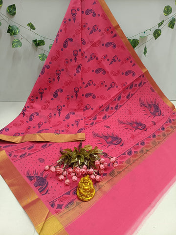 Pink Peacock Printed Cotton Saree