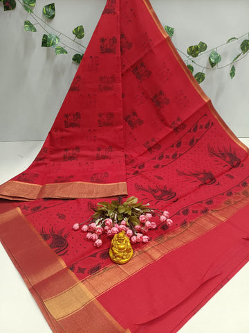 Red Peacock Print Cotton Saree