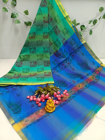 Green Blue Peacock Printed Saree