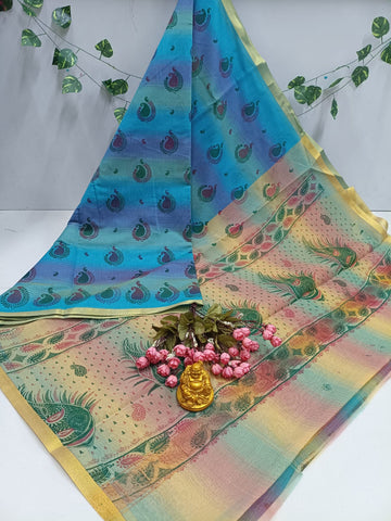 Turquoise Blue Peacock Printed Saree